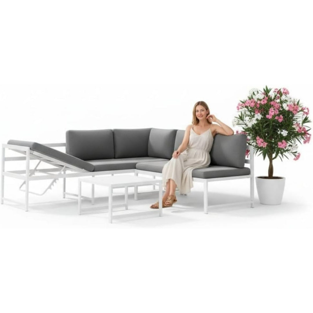 Gartenmoebel Set Ecklounge Rueckenlehne verstellbar Aluminium Elemente variabel aufstellbar Weiss Liegefunktion rostfrei