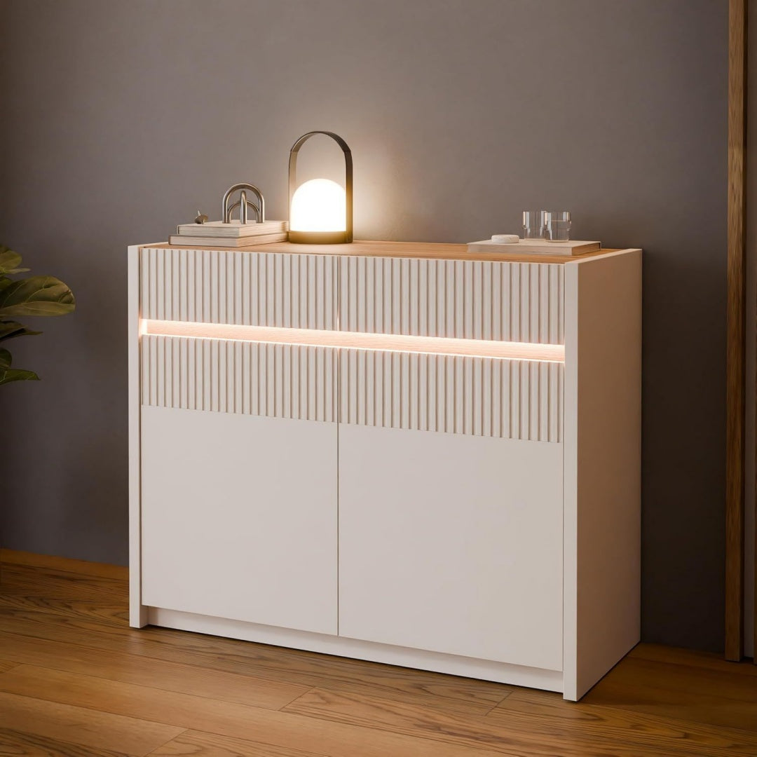 Oak Sideboard 100 105 eiche Elegantes Sideboard mit 2 Tueren Beleuchtung und Lamellendesign