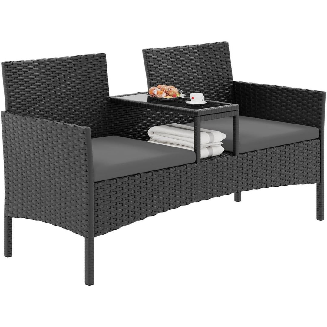 Gartenstuhl Grau rattan 2-Sitzer-Loveseat Terrassen-Sitzgarnitur mit Ablagetisch und wasserdichter Schutzhuelle