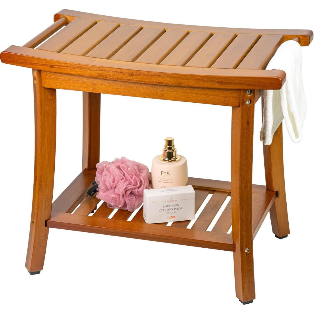 Dusche Sitz mit Griffen teak 33.2 x 56 x 47.2 cm tragbare hoelzerne Spa Badehocker Mit Lagerung Handtuch Regal fuer den Innen- und