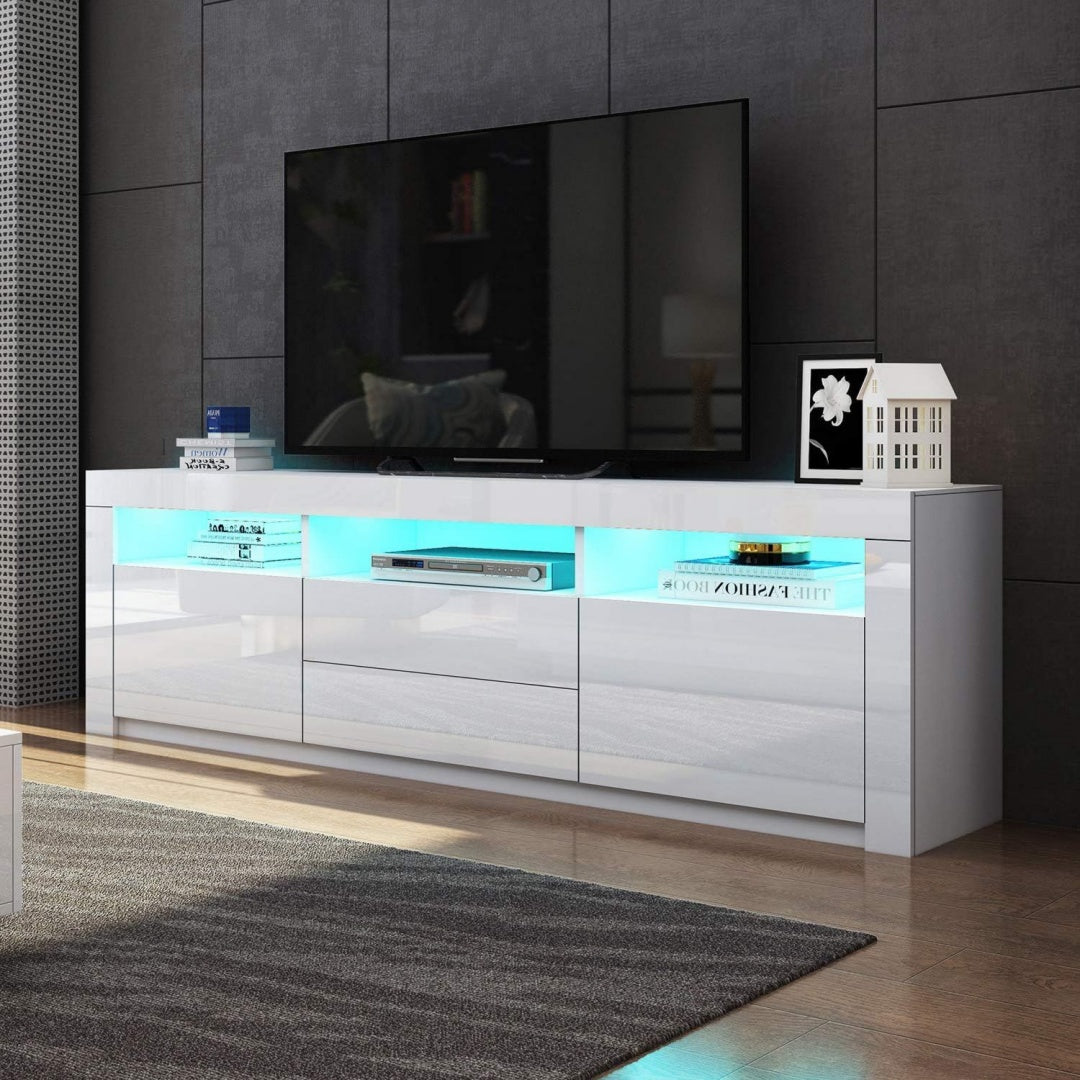 TV-Lowboard in mit LED-Beleuchtung TV-Board Fernsehschrank mit 2 Tueren 2 Schubladen fuer Ihr Wohnzimmer - mit 2 Tueren 2 Schubladen 3