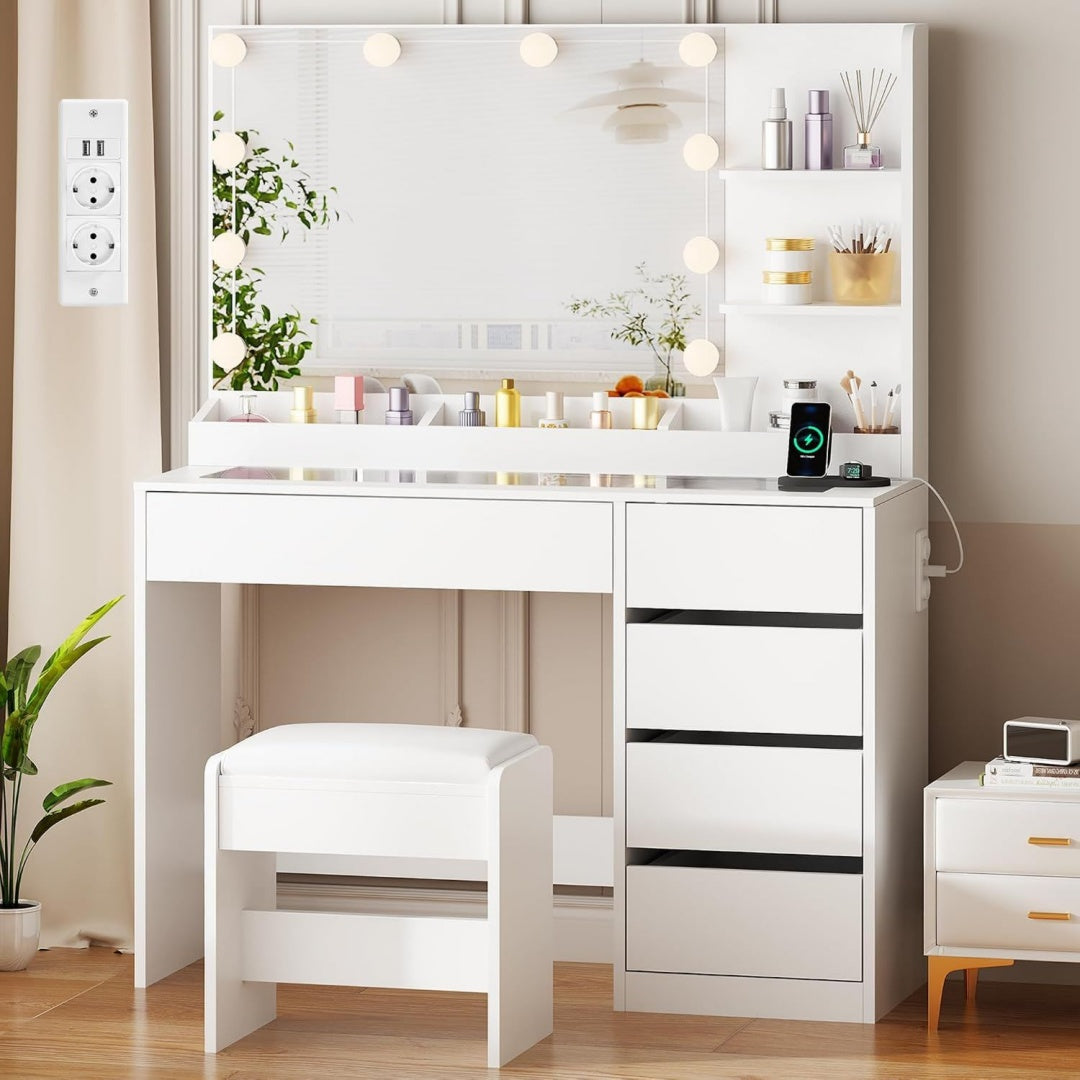Schminktisch mit LED Beleuchtung und Hocker Weiss Glasplatte Schminktisch mit Steckdosen und Grosser Spiegel Frisiertisch mit 5 Schubladen