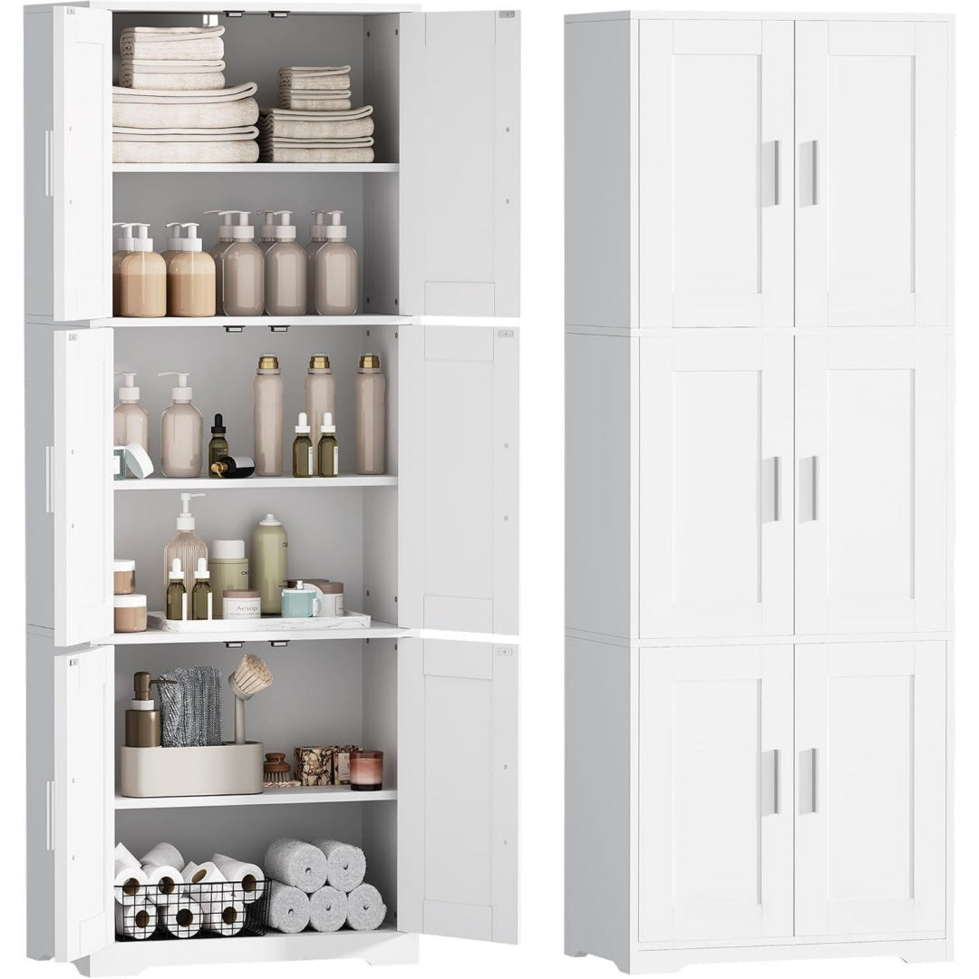 Badezimmerschrank Hoch Weiss Hochschrank Bad mit 6 Tueren Badschrank mit 3 Verstellbare Einlegeboeden fuer Badezimmer/Wohnzimmer/Kueche