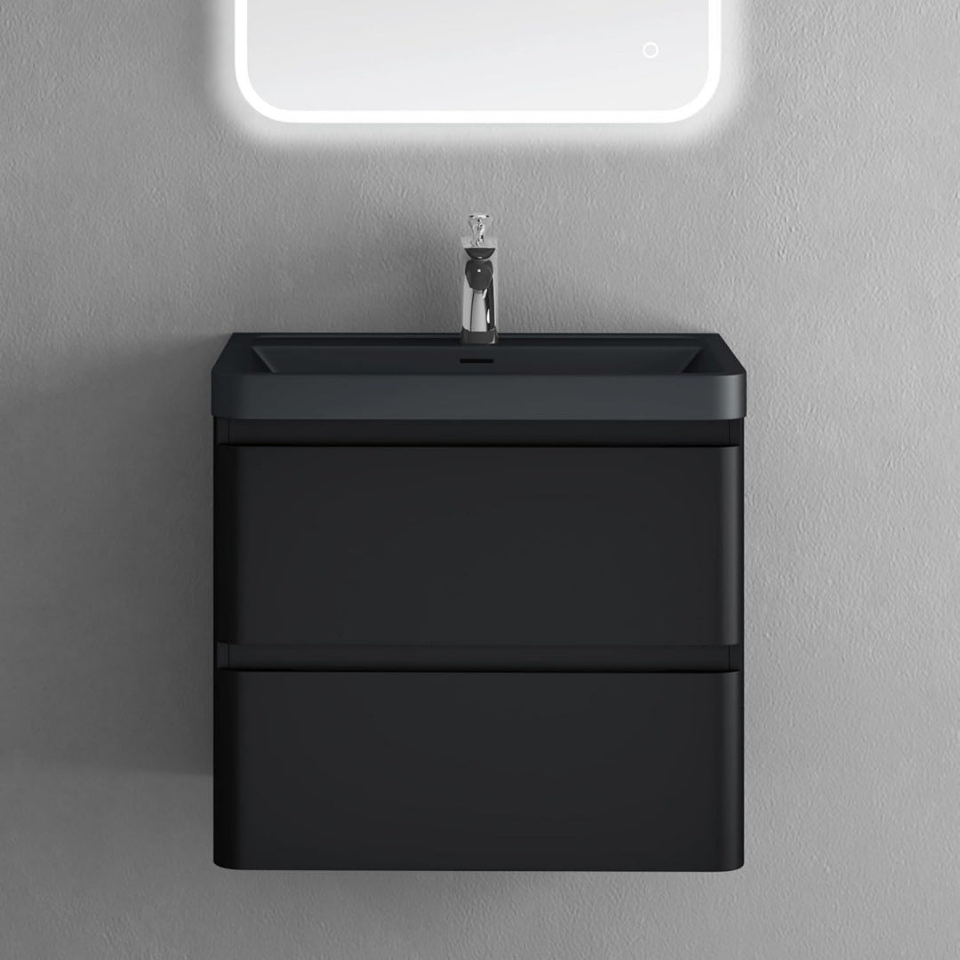 Badmoebel Set Unterschrank mit Waschbecken Wandhaengendes Badmoebel-Set mit Mineralguss-Waschbecken Schwarz matt 60x42x55cm LED-Spiegel elegant
