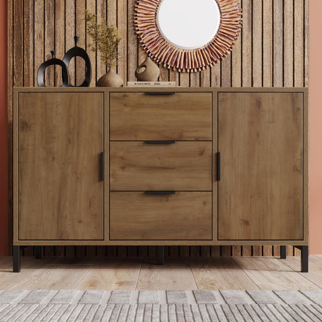Sideboard Kommode mit 2 Tueren und 3 Schubladen 120 cm eiche 120x40x76 cm Buffetschrank mit Verstellbares Ablage Aufbewahrungsschrank in Dunkle