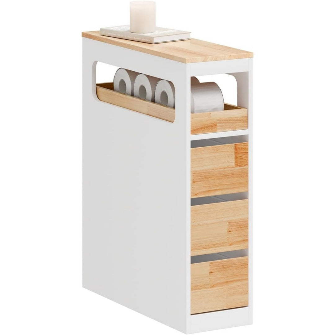 Badezimmerschrank Schmal Badschrank mit 3 Schubladen Nischenschrank mit Verstellbarem Einlegeboden fuer kleine Baeder WC Kueche Toilettenschrank Weiss