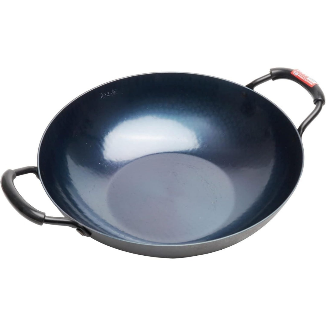 Handgehaemmerter Eisen mit flachem Boden Blau holz induktionsgeeignet 32 cm im Durchmesser