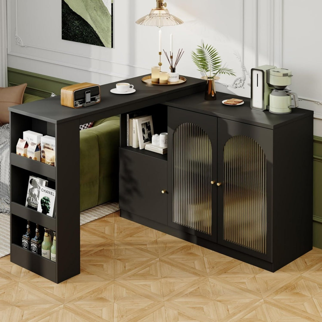 Wohnzimmer Bartisch 360 drehbarer Ess- und Barschrank mit Glasschranktueren Schwarz Multifunktionaler Aufbewahrungsschrank mit offenen Regalen und