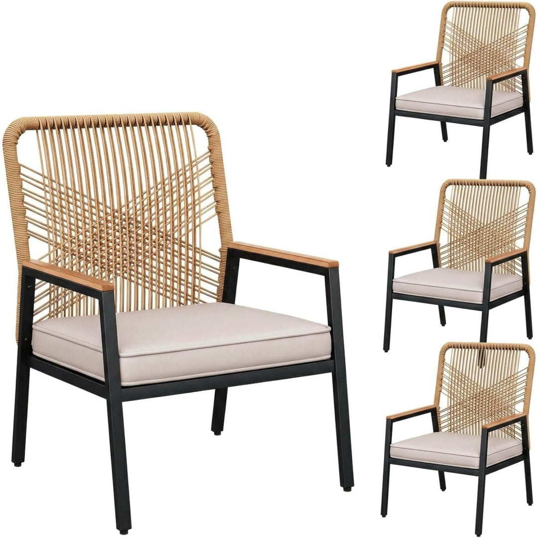 Gartenstuhl 4er Set Beige rattan Terrassenstuehle Balkonstuehle Metall mit 8 cm Sitzkissen