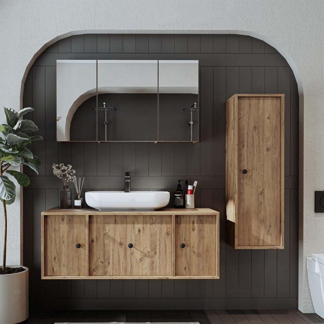 Badezimmermoebel Set 120 cm 4 Teilig mit Keramik Waschbecken ( eiche komplett Set