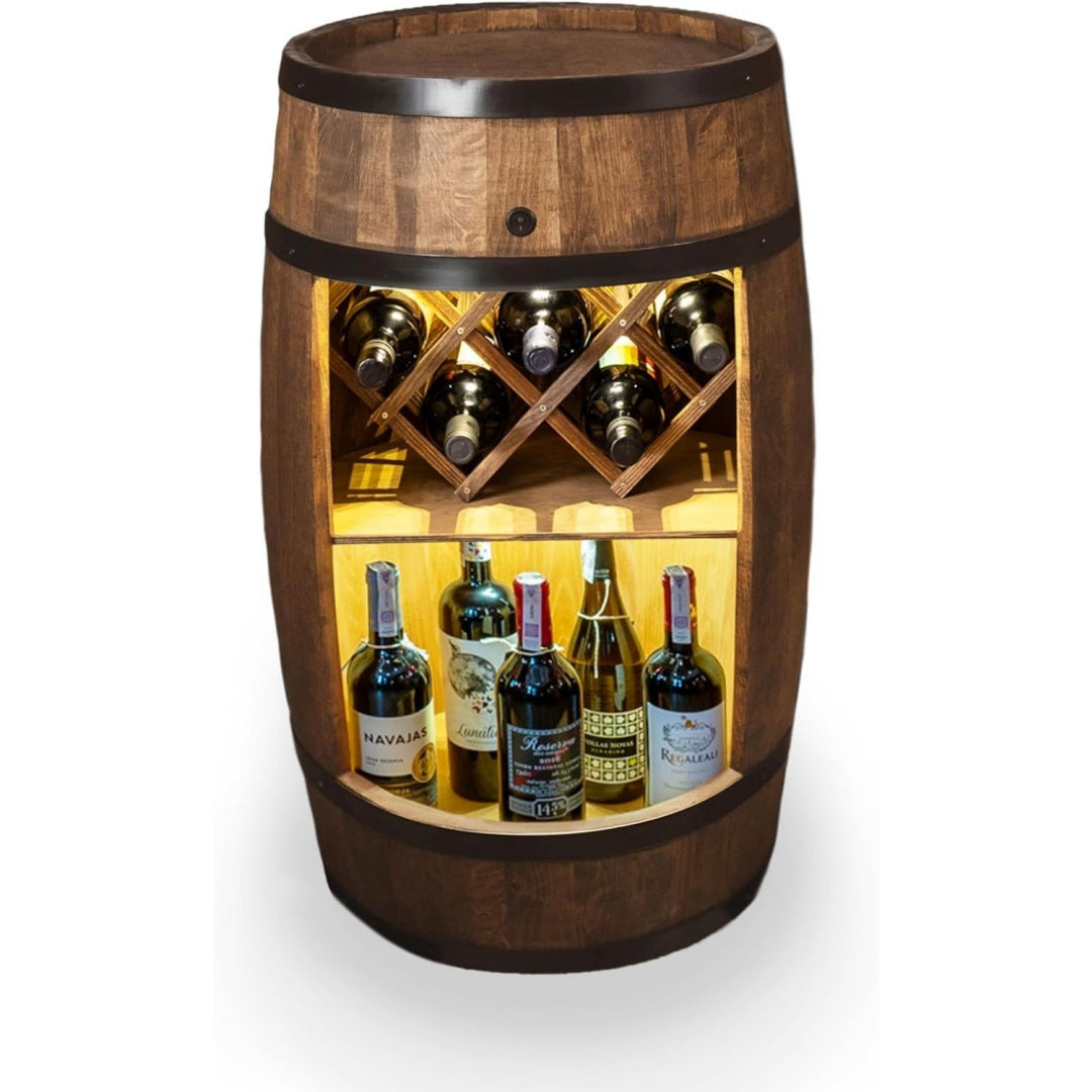 Fass bar mit Weinhalter - Weinregal LED - Holzfass Hausbar - Rustikaler deko Barschrank Weinstaender Weinschrank  Braun dunkelbraun 80x50cm