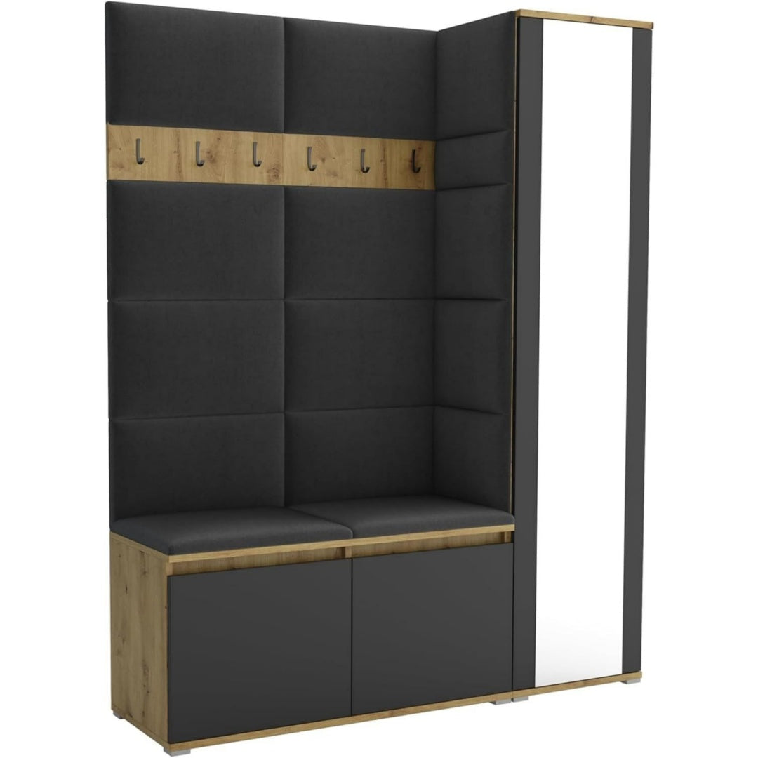 Garderobenschrank Flur Artisan mit sitzbank 145 cm Breit Luton 7 - Multifunktionale Flurgarderobe Set mit Stauraum und Wandpaneel Schwarz eiche