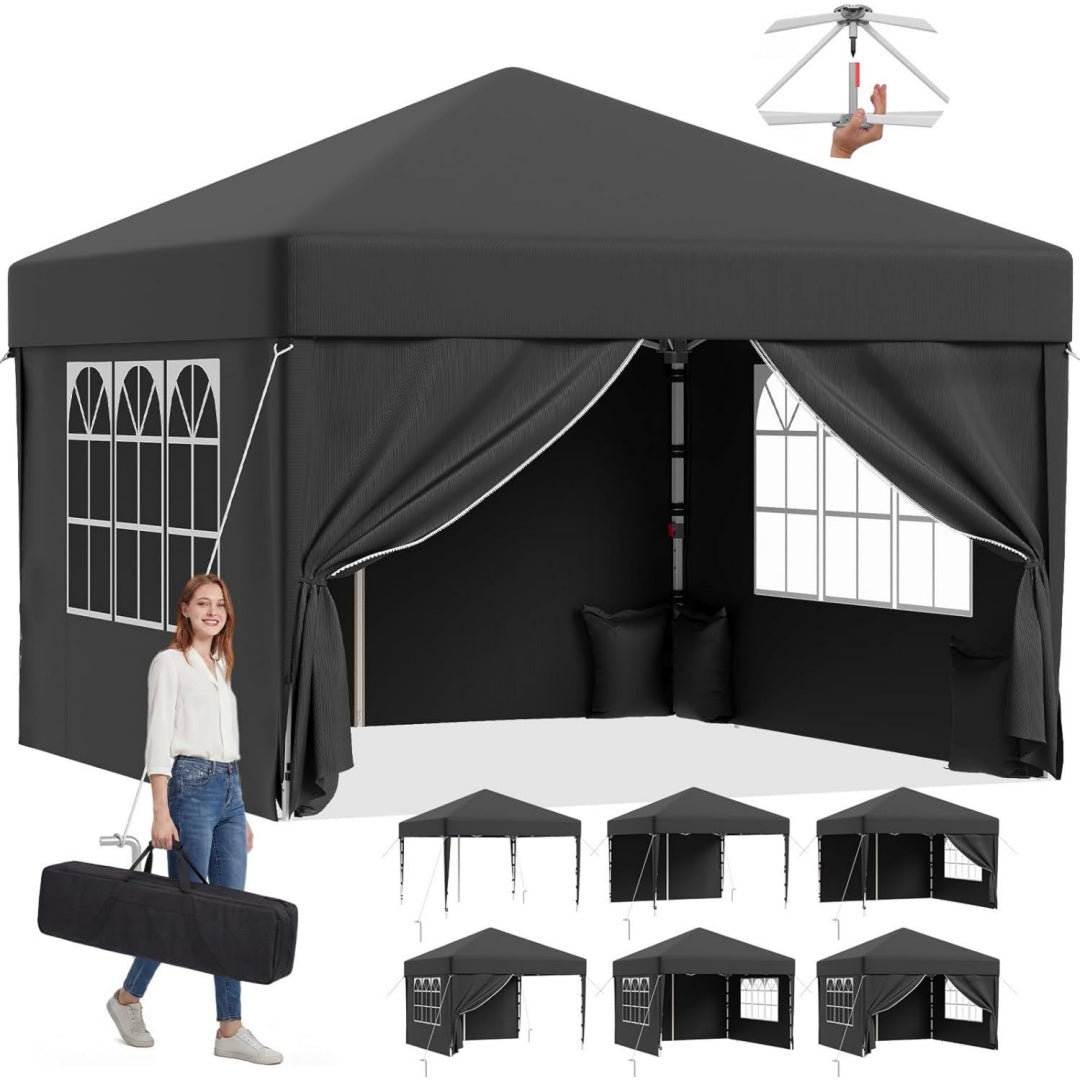Pop up Pavillon wasserdicht stabil Winterfest Grau dunkelgrau 3x3 One-Touch-Aufbau Faltpavillon mit Seitenwaenden