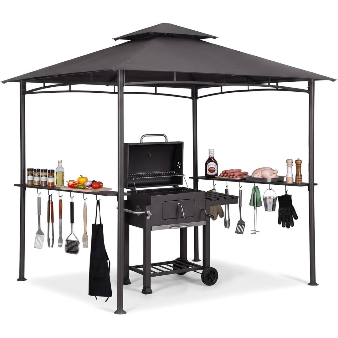 grillpavillon Winterfest wetterfest mit Doppeldach anthrazit Seitenregalen Haken Flaschenoeffner