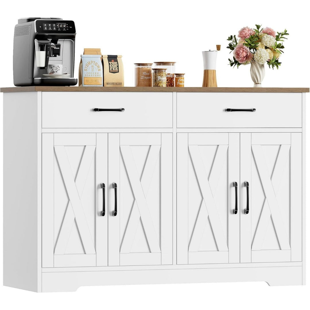 120 Sideboard Weiss Kuechenschrank mit Arbeitsplatten Buffetschrank Kuechenbuffet mit 2 Schubladen und 2 Tueren