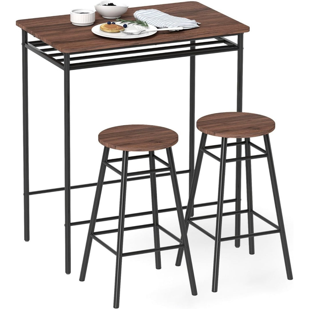 Bartisch und Hocker Set Braun 2 Hocker Industrial Hoher Kuechentisch mit offenem Regal Fussstuetze