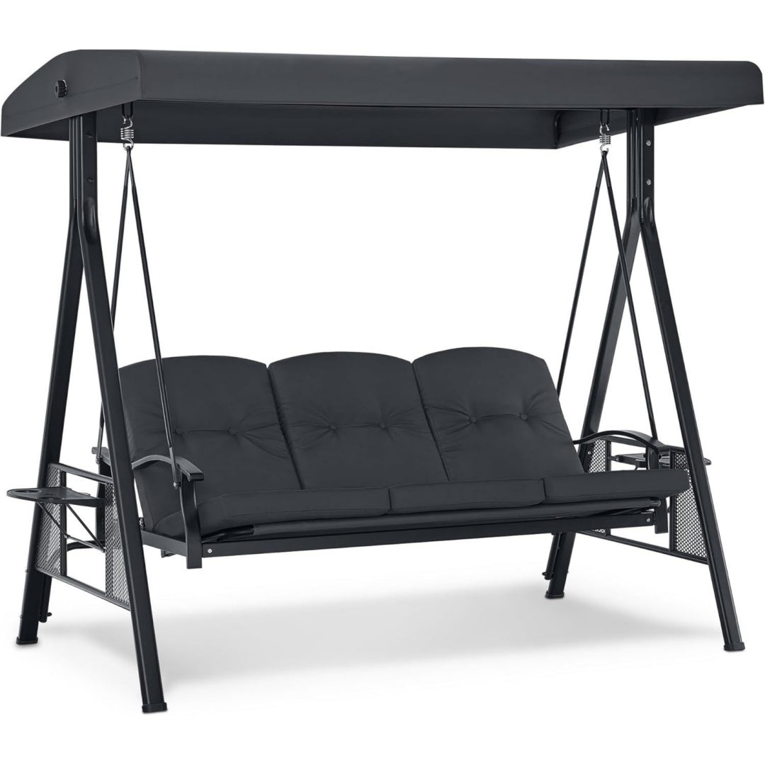 M 3-Sitzer Hollywoodschaukel mit Liegefunktion Grau 204x118x181 cm Verstellbarem Sonnendach Getraenkehalter Gartenschaukel bis 360kg Belastbar