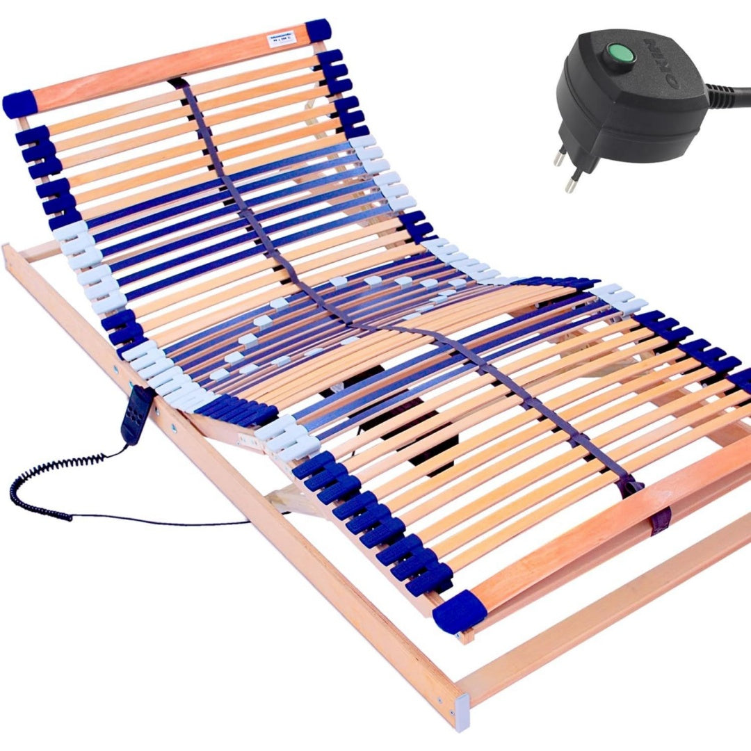 Elektrischer Lattenrost 100% - Kopf- u. Fussteil elektrisch verstellbar - SCHULTERFRASUNG Schwarz buche 100x200 7 Zonen 44 Federleisten