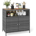 Gartenschrank Grau rattan 90 x 53 x 86 cm Aufbewahrungsschrank Geraeteschrank mit breiter Akazienholzoberflaeche Kuechenschrank fuer Kueche