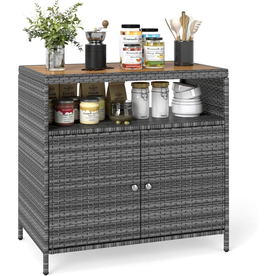 Gartenschrank Grau rattan 90 x 53 x 86 cm Aufbewahrungsschrank Geraeteschrank mit breiter Akazienholzoberflaeche Kuechenschrank fuer Kueche