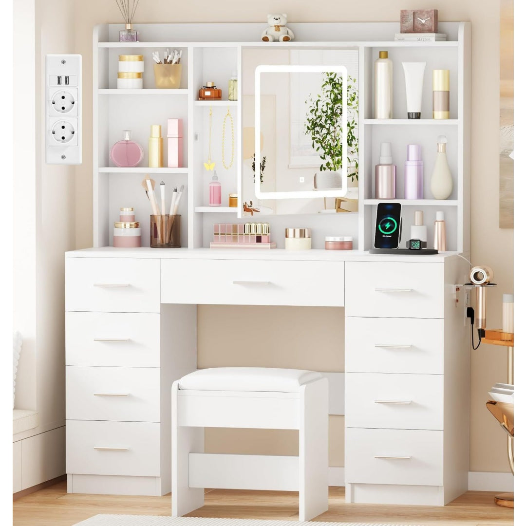 Grosser Schminktisch mit LED Beleuchtung und Steckdosen Einstellbare Helligkeit Weiss Frisiertisch mit Spiegel und Hocker Modern