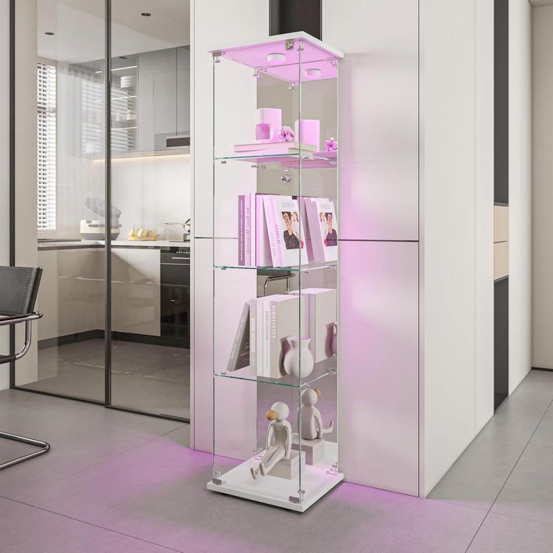 Glasvitrine Standvitrine Schwarz weiss Schrank fuer Sammlung mit LED mit 1 Tuer 4 Einlegeboeden Moebel Vitrine Glas Vitrine Figur Glasvitrine