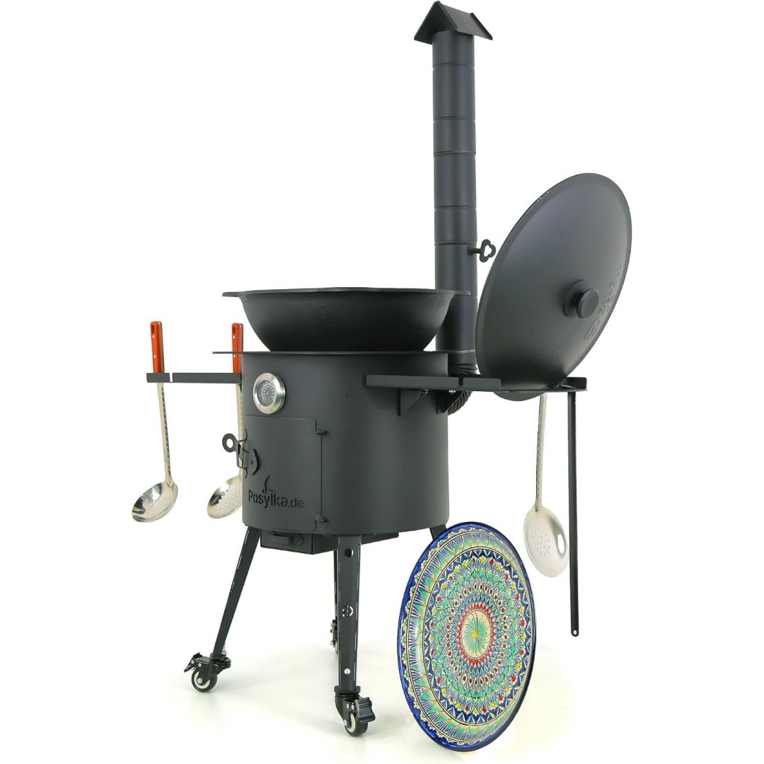 Feuerofen 40cm mit Gusseisen Kazan 12L 42 5cm Kasan mit Deckel Outdoor Feuerschale Gulaschkanone Ablage Schaumloeffel Lagan Ofenplatte Usbekisch Plov