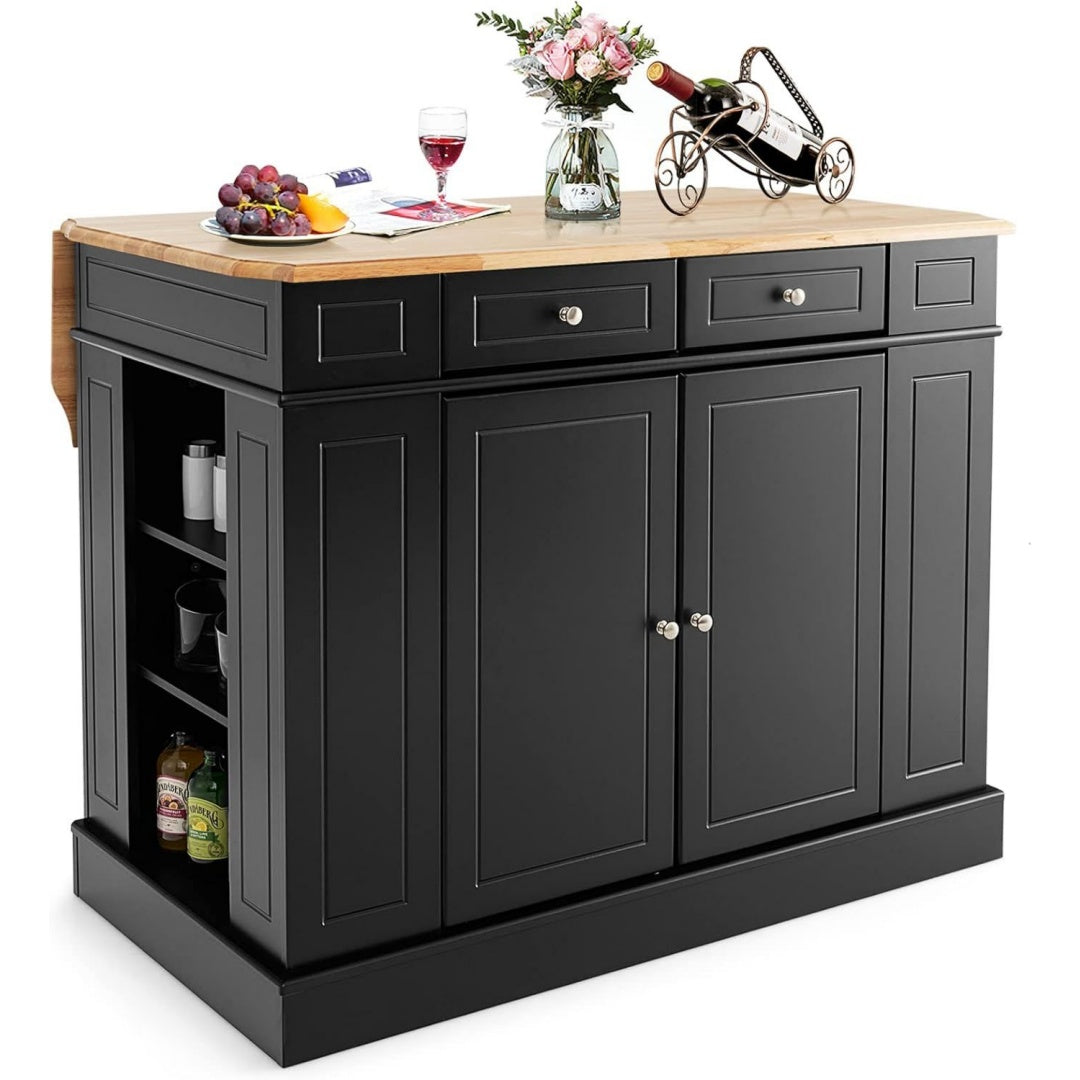 Kuecheninsel mit erweiterbarer Arbeitsflaeche Schwarz holz 120 x 60 Kuechenschrank aus mit Schubladen und Regalen Sideboard fuer Kueche Esszimmer