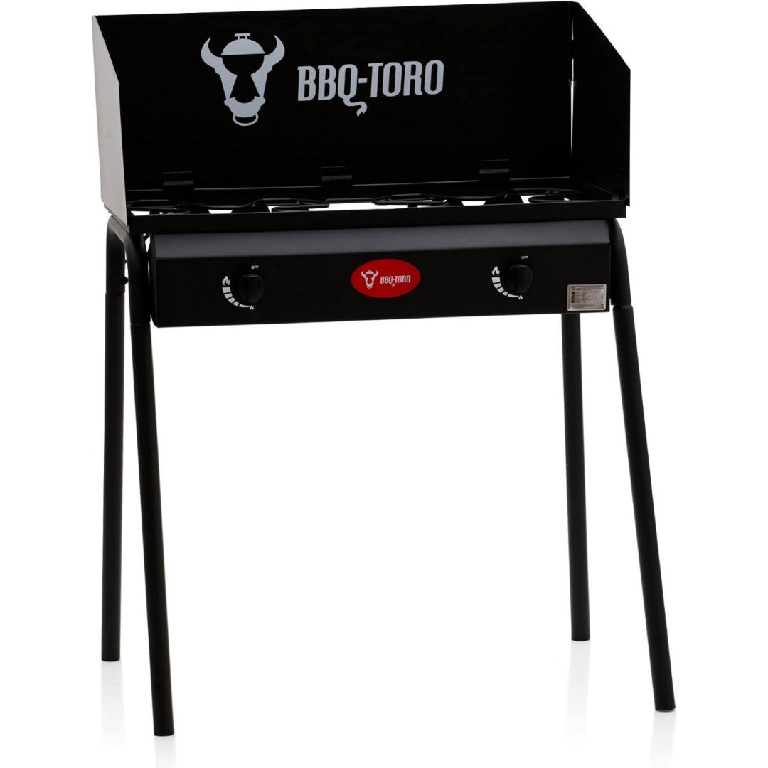 Gas Grilltisch mit Windschutz Gusseisen Gaskocher 2 Brenner 12 kW Tischgrill fuer Camping 78 x 45 x 110 cm Einsatz im Freien im Garten und auf der