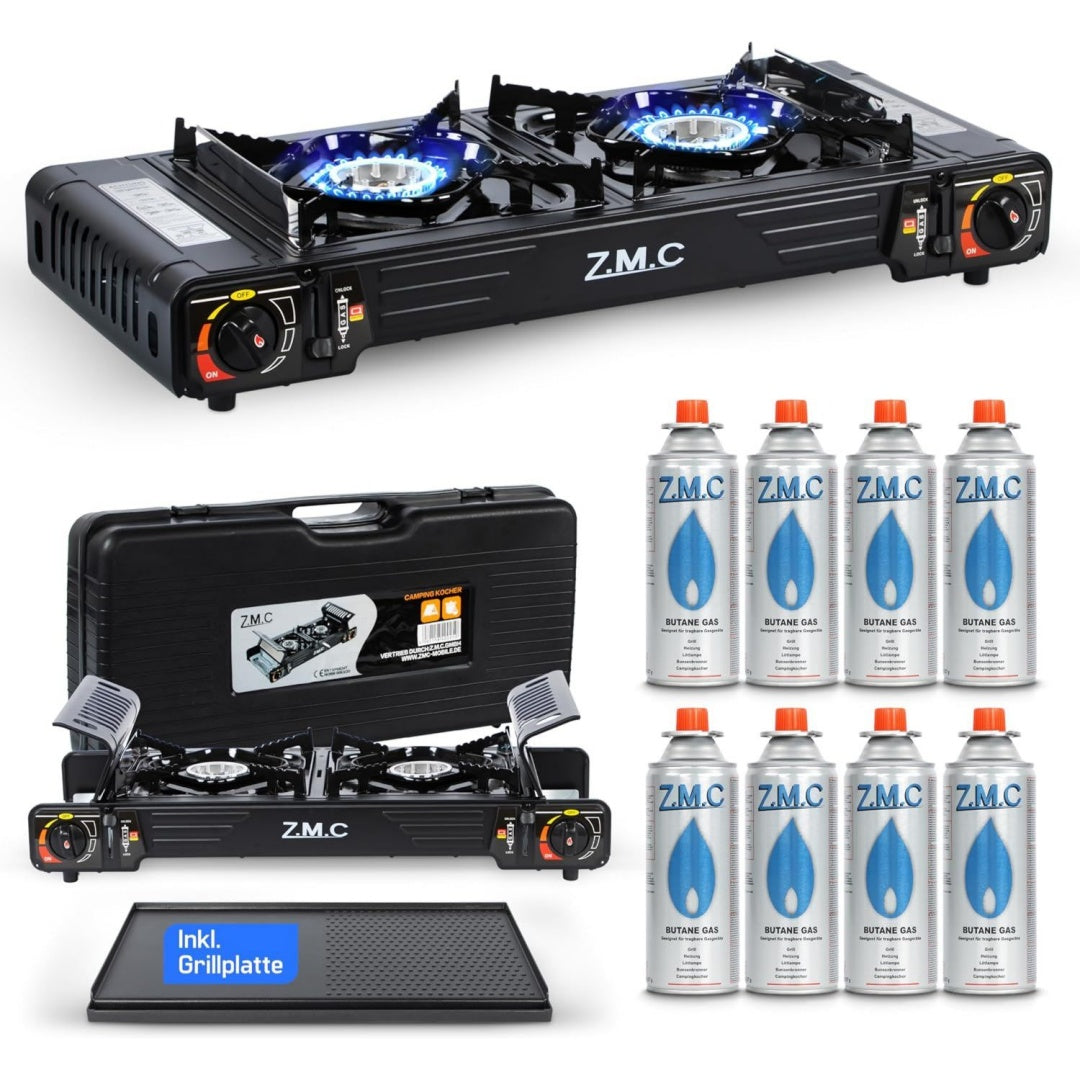 PREMIUM Camping Gaskocher 2-flammig + Grillplatte + 8 Gaskartuschen 227g 45x24 cm Campingkocher mit Zuendsicherung fuer Outdoor und Innenraum