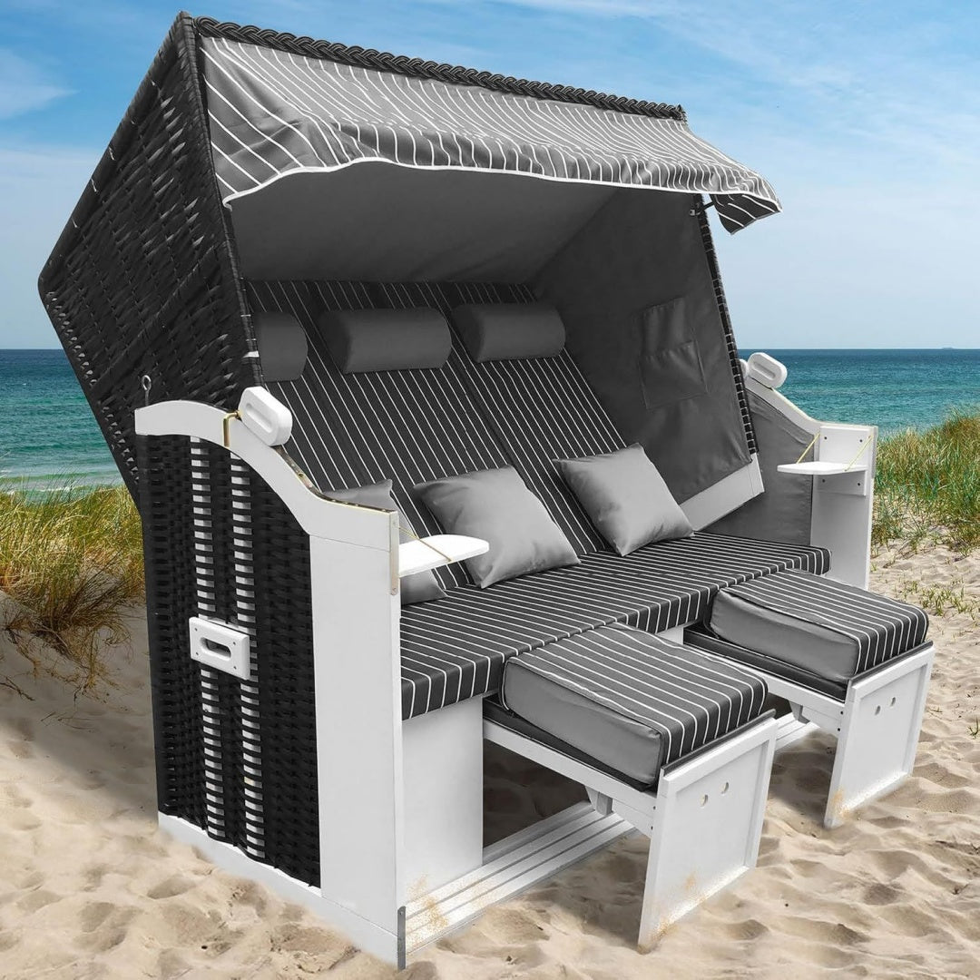 Strandkorb Usedom 3-Sitzer XXL fuer 2-3 Personen 165cm breit 5 Designs Grau anthrazit inkl. wetterfeste Abdeckhaube