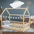 Kinderbett mit Matratze natur 80x160 cm Rausfallschutz Dach und Lattenrost