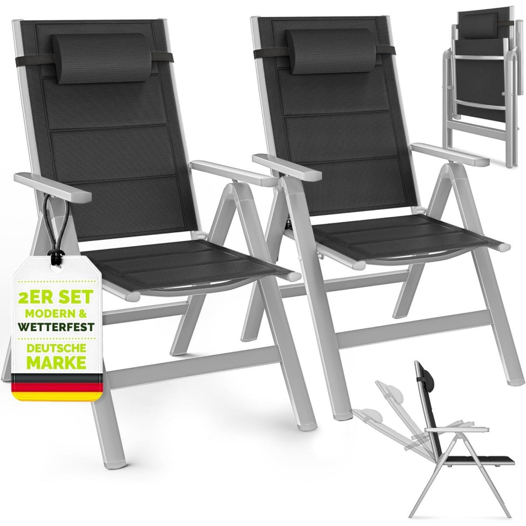 Gartenstuhl Hochlehner 2er Set mit Armlehnen Kopfkissen Klappstuhl 7-fach Verstellbar inkl. Polsterung Campingstuhl Klappbar Schwarz